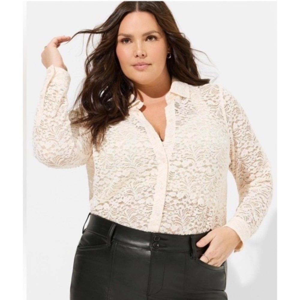 Torrid Madison Cream Champagne Blush Lace Long Sleeve Button-Down Blouse Sz 3X